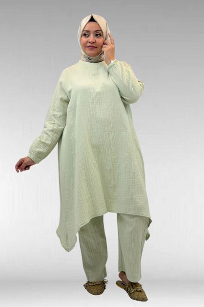 67044 Büyük Beden Asimetrik Kesim Pantolonlu Müslin Takım - Su Yeşili
