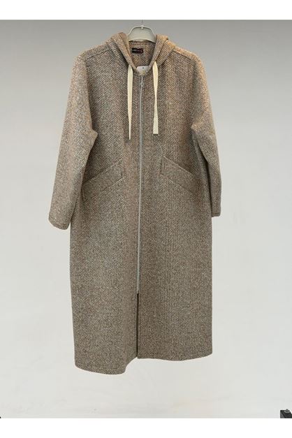 T-43074 Büyük Beden Kapşonlu Fermuarlı Kuzu Kap - Bej