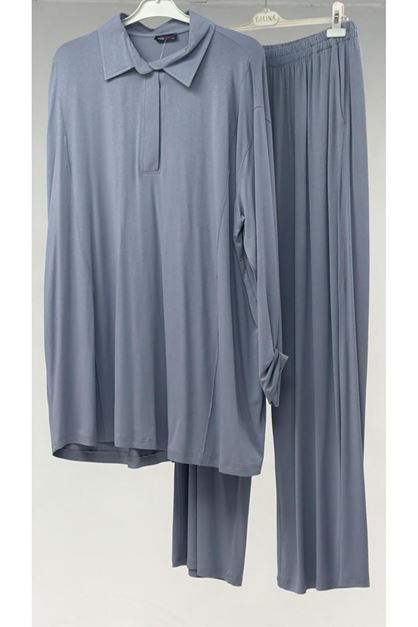T-57066 Büyük Beden Penye Pantolonlu Takım - Gri 