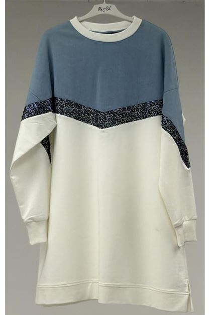 T-58084 Büyük Beden Parçalı Taş Detaylı Modal Tunik - Mavi Beyaz