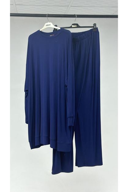 T-57065  Büyük Beden Penye Pantolonlu Takım - Saks