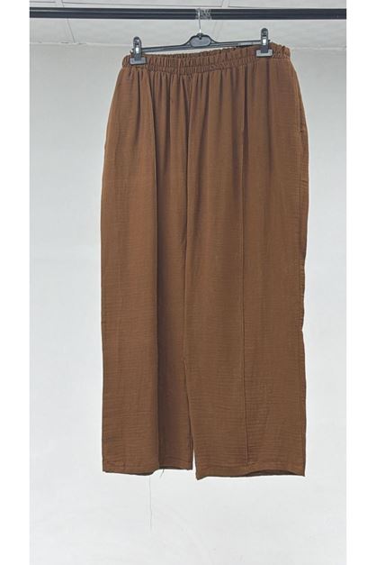 T-67015 Büyük Beden Cepleri D Toka Detaylı Müslin Pantolonlu Takım Pantolonu - Taba