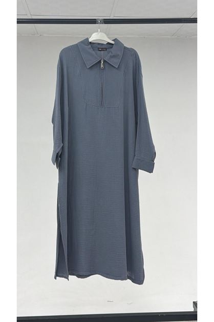 T-67026 Büyük Beden Müslin Yanları Yırtmaçlı Uzun Tunik - Antrasit