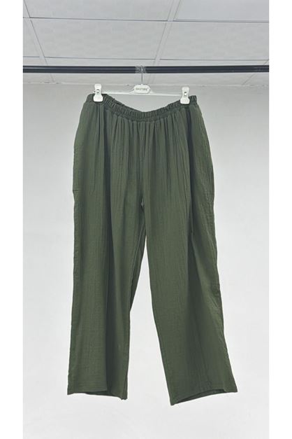 T-67015 Büyük Beden Cepleri D Toka Detaylı Müslin Pantolonlu Takım Pantolonu - Haki