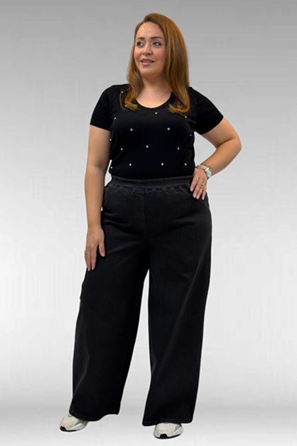 D-69003 Büyük Beden Beli Lastikli Bolpaça Kot Pantolon - Siyah