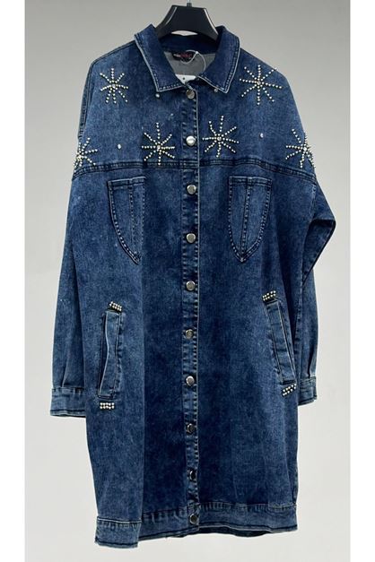 T-53022 Büyük Beden Yıldız İnci Çakma Detaylı Kot Ceket -  Lacivert