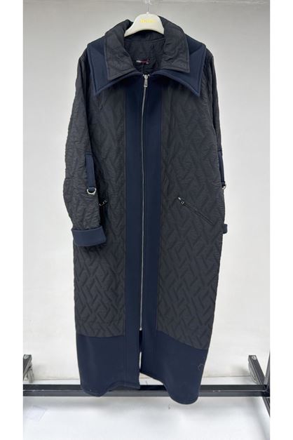 T-46018 Büyük Beden Fermuar Cepli Modal-Kapitone Kaban - Siyah-Lacivert