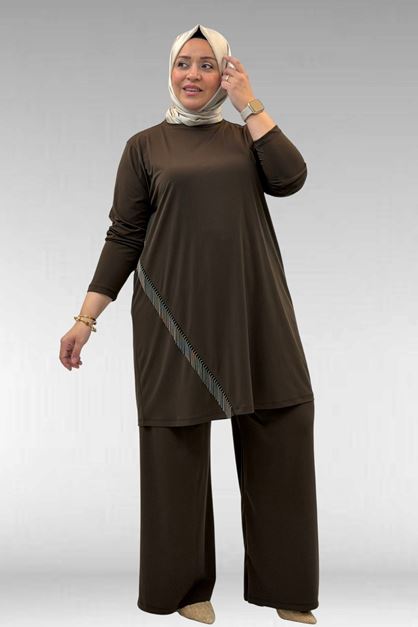 67043 Büyük Beden Püskül Detaylı Sandy Pantolonlu Takım - Kahve