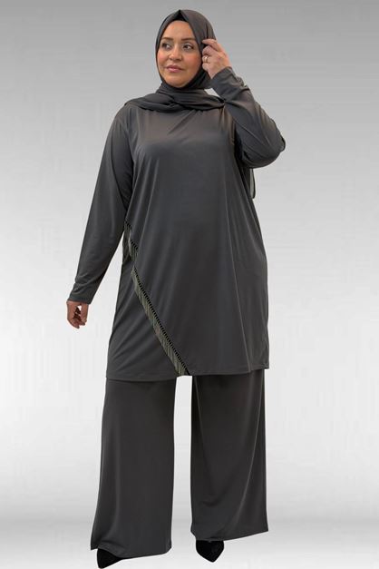 67043 Büyük Beden Püskül Detaylı Sandy Pantolonlu Takım - Antrasit