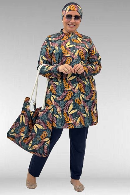 1727 Büyük Beden Uzunkol Tesettür Mayo Takım - Yaprak Desen Hardal-Laci