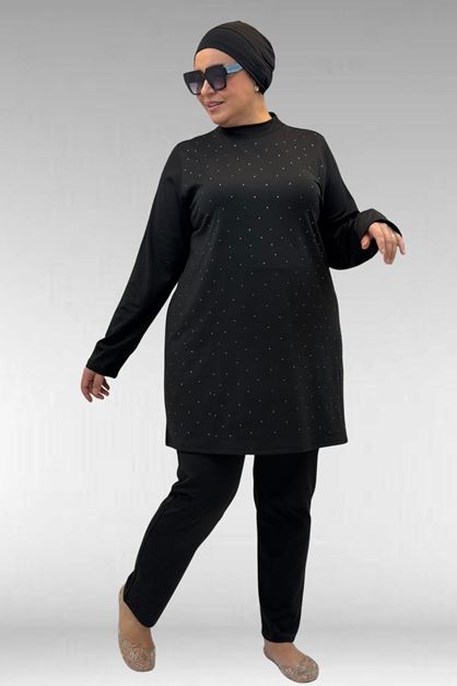1739 Büyük Beden Önü Taş Baskılı Uzunkol Tesettür Mayo - Siyah