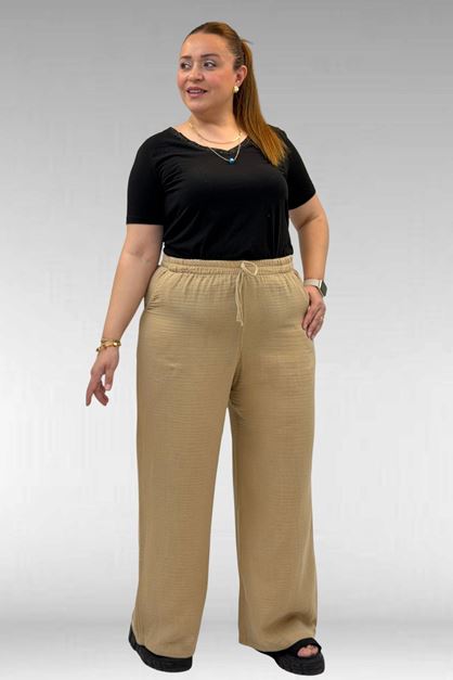 59021 Büyük Beden Beli Lastikli Müslin Bol Paça Pantolon - Vizon