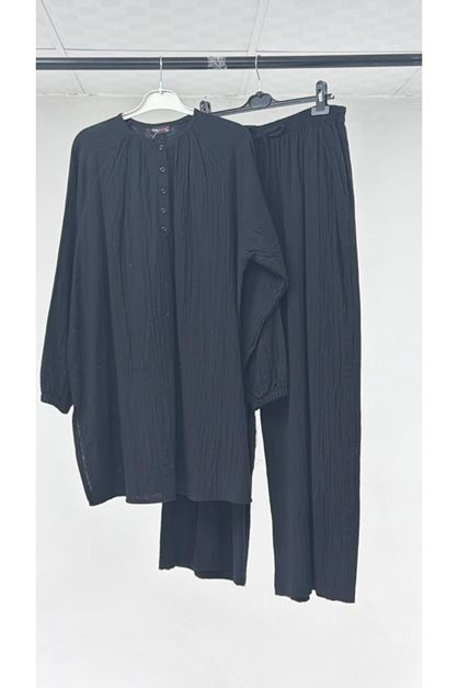 T-57054 Büyük Beden Müslin Pantolonlu Takım - Siyah