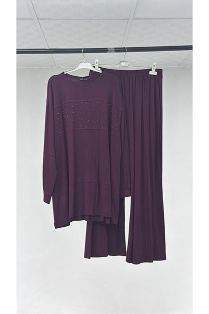 T-57080 Büyük Beden Taş Detaylı Penye Pantolonlu Takım - Bordo