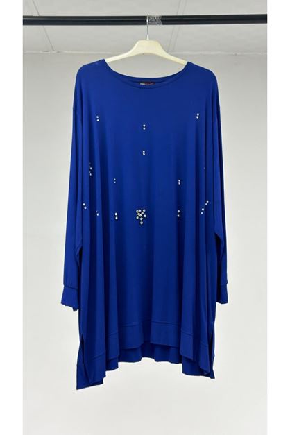 T-1103 Büyük Beden Taş Detaylı Penye Tunik - İndigo