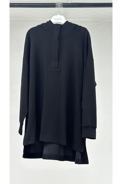 T-58135 Büyük Beden Kapşonlu Yarım Petlı Modal Tunik - Siyah