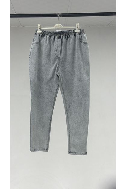 T-9184 Büyük Beden Beli Lastikli Dar Paça Uzun Kot Pantolon - Gri