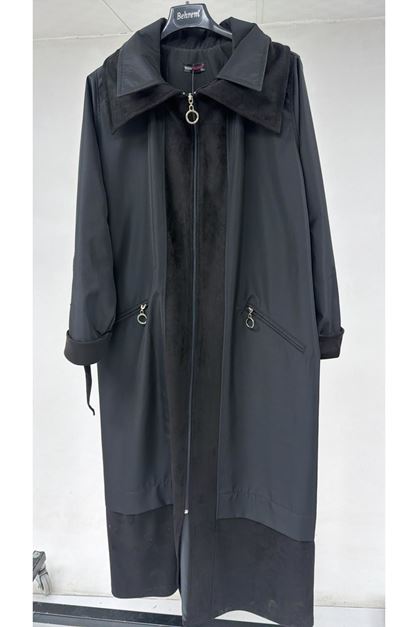 T-46018 Büyük Beden Fermuar Cepli Modal-Kapitone Kaban - Siyah