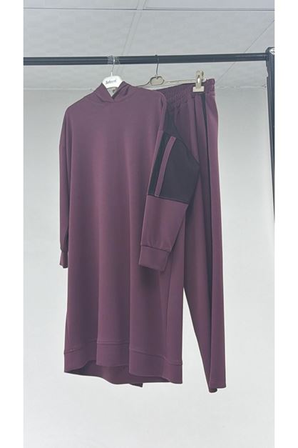 T-47100 Büyük Beden Garnili -Biyeli Pantolonlu Modal Takım - Fuşya