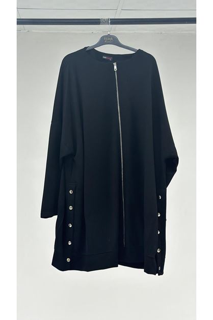 T-1112 Büyük Beden Düğme Detaylı Modal Kap - Siyah