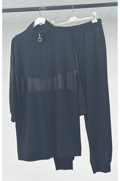 T-47098 Büyük Beden Waterport Garnili Modal Pantolonlu Takım - Siyah 