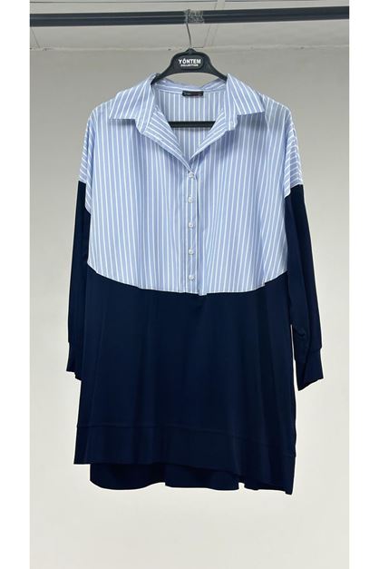 T-57016  Büyük Beden Erkek Yaka Kombinli Tunik - Lacivert Mavi