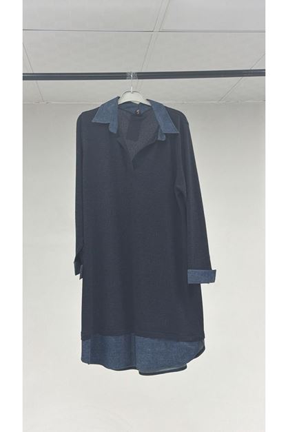 T-48104 Büyük Beden Kot Detaylı Mir Tunik - Lacivert