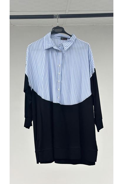 T-57016  Büyük Beden Erkek Yaka Kombinli Tunik - Siyah Mavi