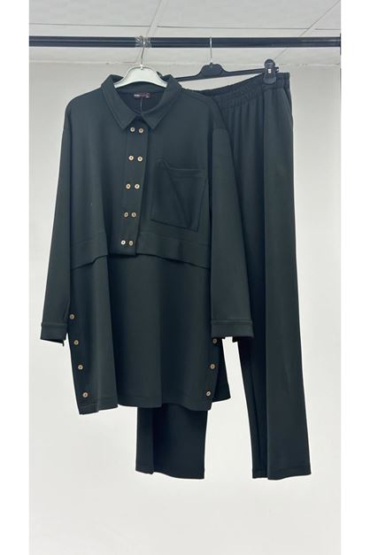 T-57038 Büyük Beden Erkek Yaka Düğme Detaylı Modal Pantolonlu  Takım - Haki