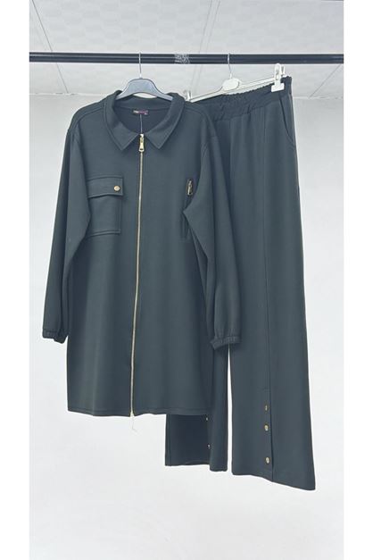 T-57040 Büyük Beden Fermuar Detaylı Modal İkili Takım - Haki