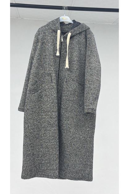 T-43074 Büyük Beden Kapşonlu Fermuarlı Kuzu Kap - Siyah