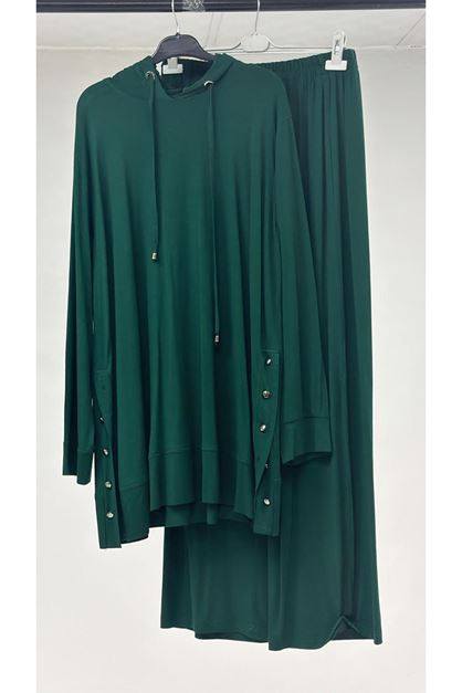 T-1989 Büyük Beden Kapüşonlu İki İplik Pantolonlu Takım - Yeşil