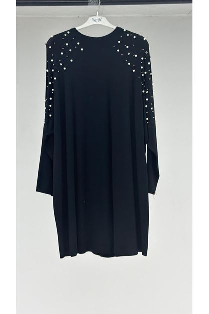 T-58067 Büyük Beden Düşük Kol İnci Çakmalı Penye Tunik - Siyah