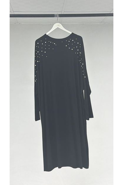 T-1117 Büyük Beden İnci Taşlı Penye Tunik - Siyah