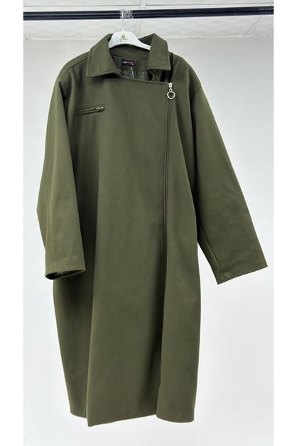 T-33112 Büyük Beden Yandan Femuarlı Kaşe Kaban- Yağ Yeşili