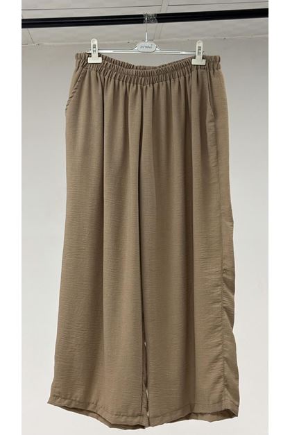 D-57030 Büyük Beden Düğmeli Keten Defolu Pantolon - Bej
