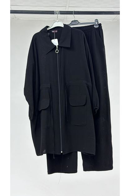 T-47037 Büyük Beden Önden Taş Detaylı Müslin Pantolonlu Takım - Siyah