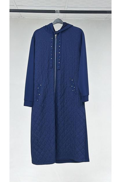 T-33041 Büyük Beden Kapitone-Üç İplik Fermuarlı Kap - İndigo 