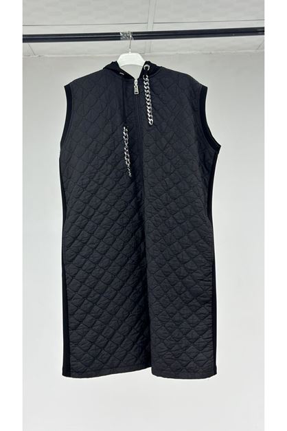 T-24020 Büyük Beden Kapüşonlu Kapitone-Modal Yelek - Siyah