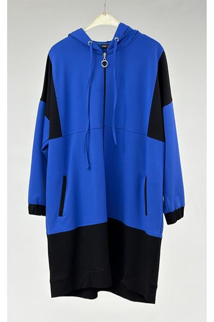 T-47056 Büyük Beden Garnili Boydan Fermuarlı Tunik - Saks Siyah