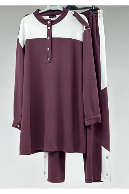 T-57042 Büyük Beden Yarım Patlı Çıtçıtlı Modal Pantolonlu Takım - Lila