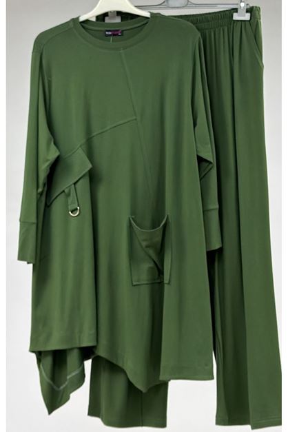 T-57041 Büyük Beden Cepte Arma Detaylı Modal Pantolonlu Takım - Haki