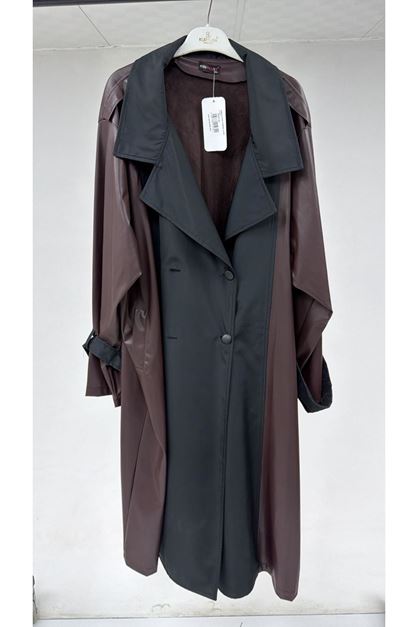 T-43099 Büyük Beden Deri Kombinli Düğmeli Kap - Kahve