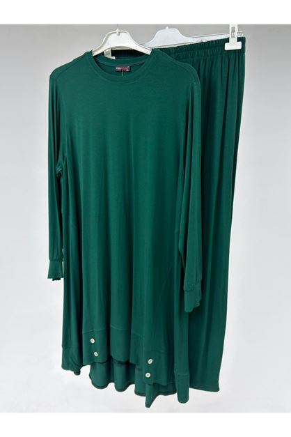 T-57037 Büyük Beden Düğme Detaylı Penye Pantolonlu Takım - Haki