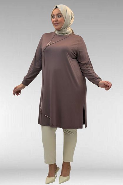 68005 Büyük Beden İnci Çakma Detaylı Penye Tunik - Vizon