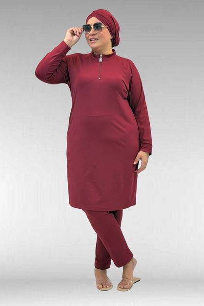 1732 Büyük Beden Balıkçı Yaka Fermuarlı Mayo - Bordo