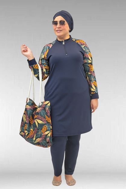 1732 Büyük Beden Balıkçı Yaka Fermuarlı Mayo - Yaprak Desen Hardal-Laci