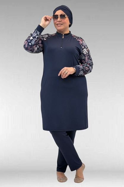 1732 Büyük Beden Balıkçı Yaka Fermuarlı Mayo - Karışık Desen Laci-Laci