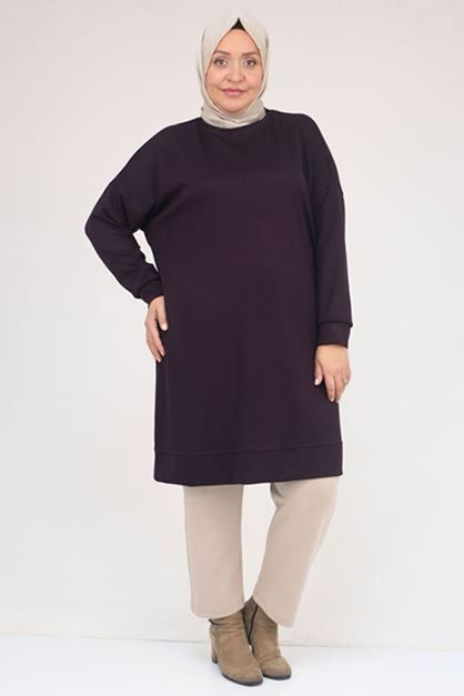 D-58151 Büyük Beden Kol Ve Etek Ucu Kendinden Ribanalı Modal Tunik - Mürdüm