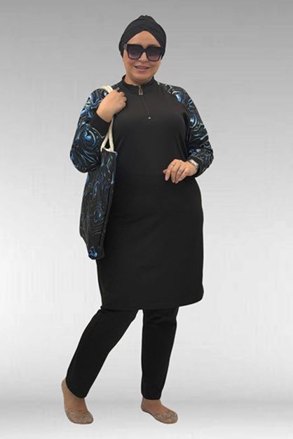 D-1732 Büyük Beden Balıkçı Yaka Fermuarlı Mayo - Aqua Mavi-Siyah